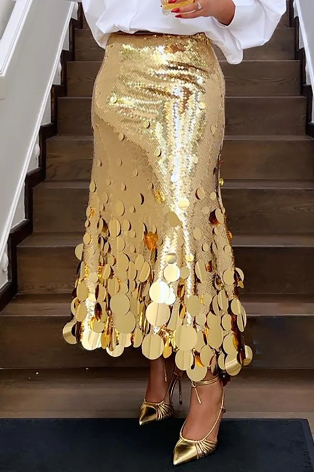Plus Größe Frauen Formale Röcke Elegante Gold Silber Lange Pailletten Party Club Abend Hohe Taille Röcke Weibliche Casual Cocktail Röcke Image