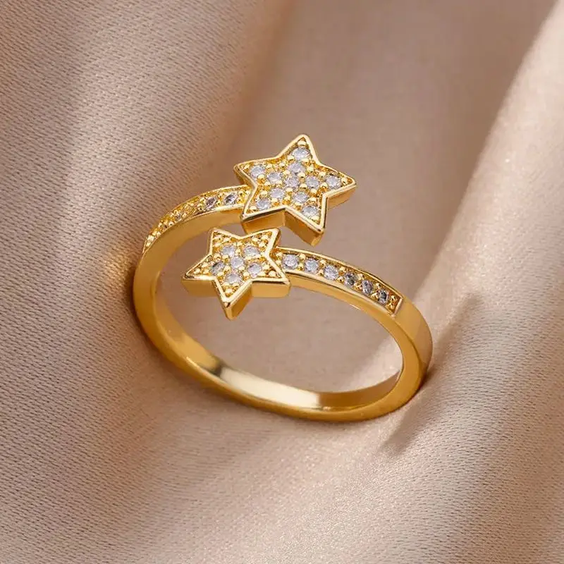 Zirkon Doppel Stern Ringe Für Frauen Mädchen Edelstahl Gold Farbe y2k Ring 2024 Neue Trend Hochzeit Party Ästhetischen Schmuck