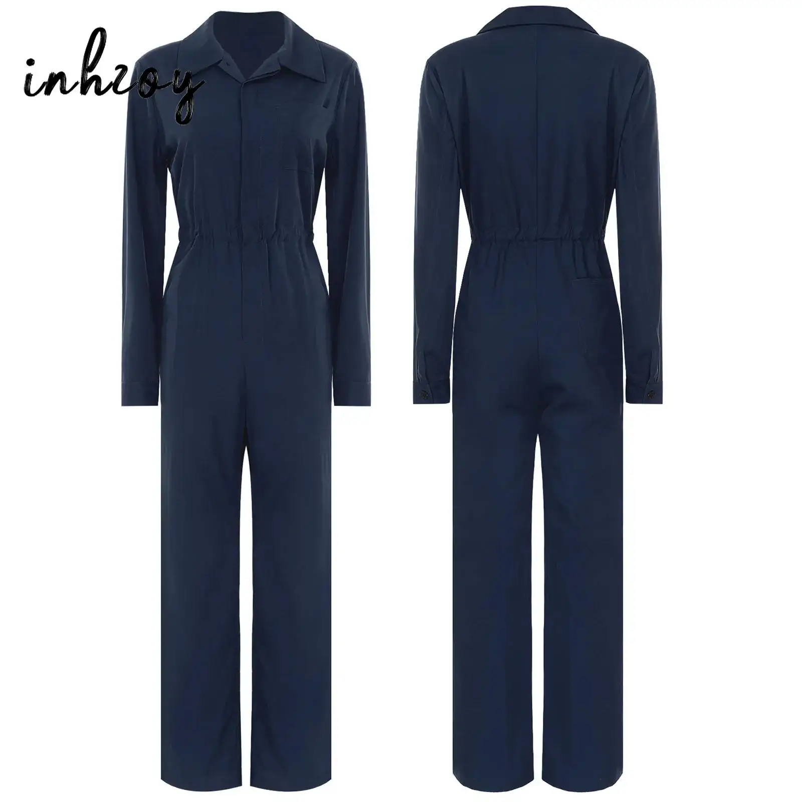 Damen-Arbeitsoverall, modischer Knopf-Overall, lässiger Umlegekragen, lange Ärmel, Strampler, Overall, professionelle und Freizeitkleidung Image