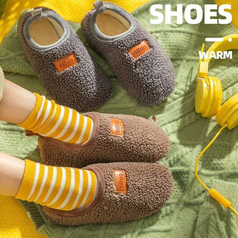 Kinder Baumwolle Hausschuhe Solide Warme Kinder Winter Hause Schuhe Jungen Mädchen Plüsch Boden Schuhe Indoor Weiche Sohle Anti-slip Baumwolle schuhe Image
