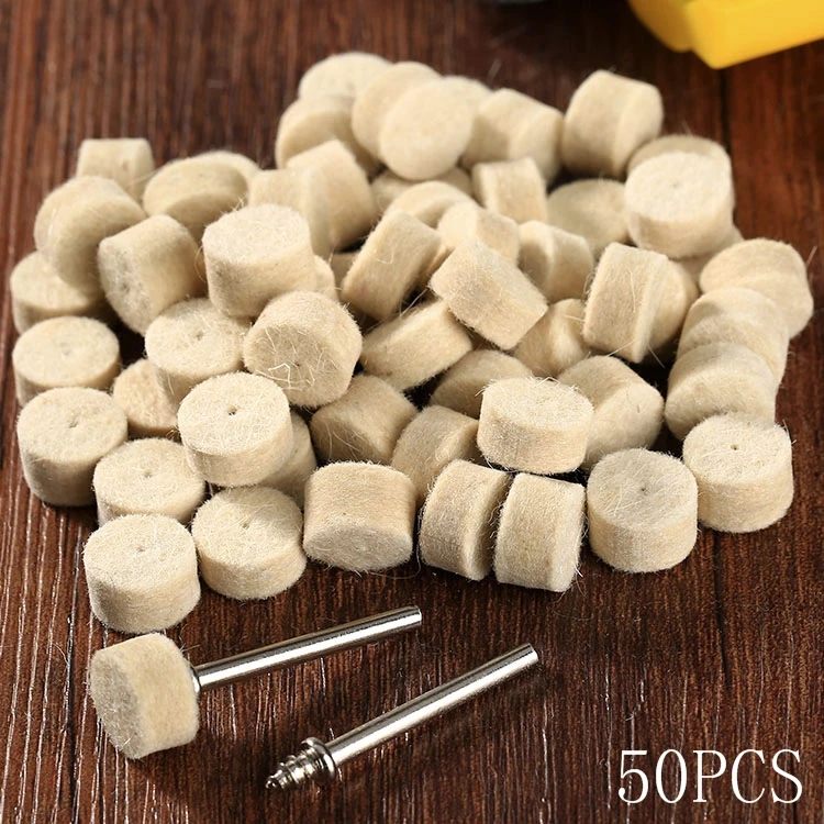 50 Teile/los 13mm Durchmesser Schleifen Wolle Polieren Pads Dremel Zubehör Filz Polieren Rad 3,2mm Scheiben Schäfte für Dreh werkzeuge Image