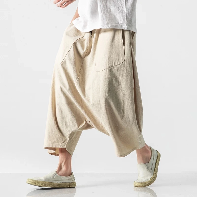 2023 Sommer Männer plus Größe lässig Harems hose Vintage lose Baumwolle Leinen weites Bein Hosen Männer elastische Taille Pantalones Hose