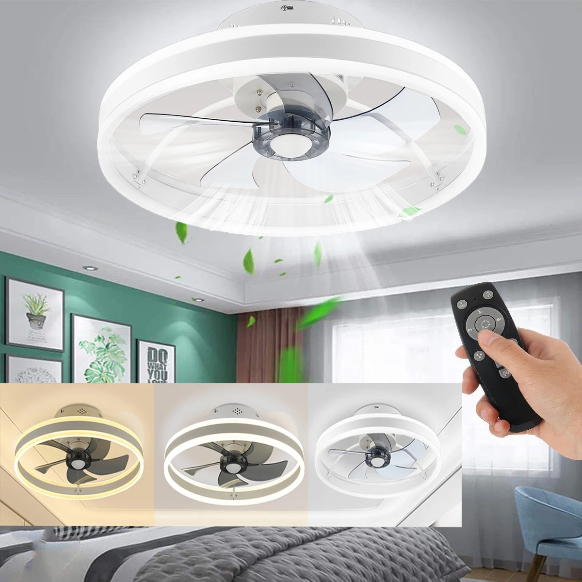 50 W runder leiser Deckenventilator mit Beleuchtung, 50 cm LED-Deckenleuchte mit Ventilator, dimmbarer Wohnzimmerventilator mit Fernbedienung