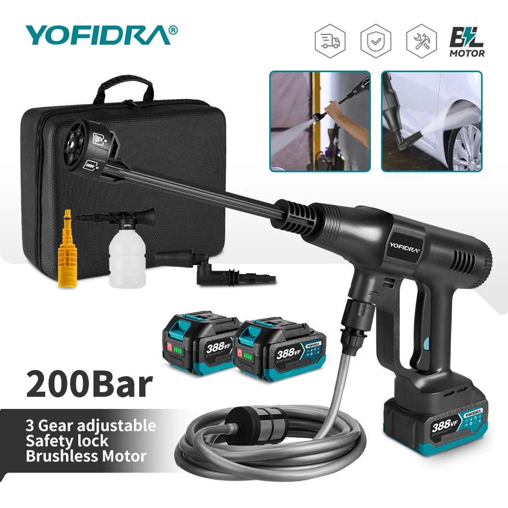 YOFIDRA 6IN1 200Bar Bürstenloser Hochdruck-Autowascher Wasserpistole Haushaltsreiniger Waschsprühpistole für Makita Akku Image