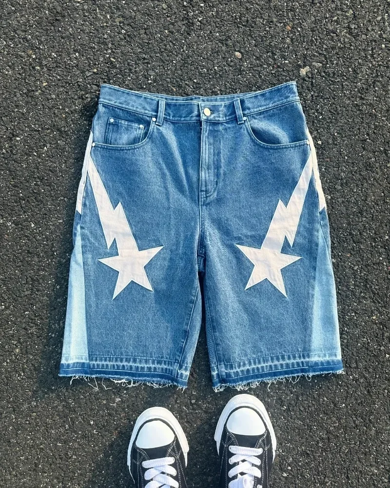 Amerikanischer Modetrend Street Style Jeans mit weitem Bein für Männer Y2k bestickte Baggy-Jeans Goth Punk High Street Casual Shorts