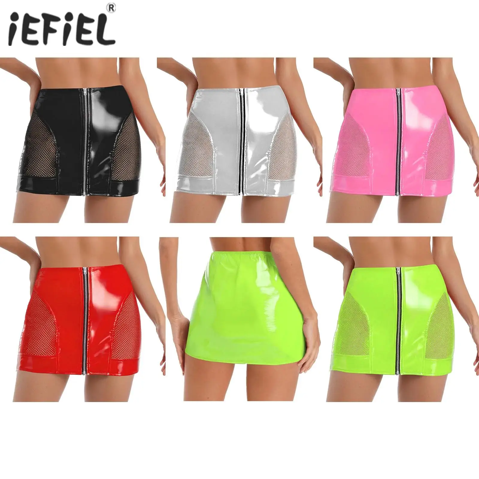 Damen-Minirock aus glänzendem PU-Leder, Latex, seitlich, durchsichtiges Netz, Reißverschluss vorne, hohe Taille, Wet-Look, figurbetonter Rock, Rave-Party, Clubwear Image