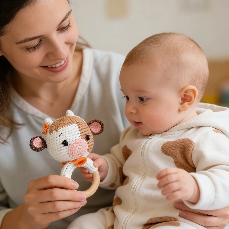Baby-Spielzeug als Geschenk zur Babyparty: Rassel mit Holzring, Handgemachter Häkel-Schaf-Beißring, Weiches Plüsch-Sensorikspielzeug für Neugeborene und Frühkindliche Entwicklung
