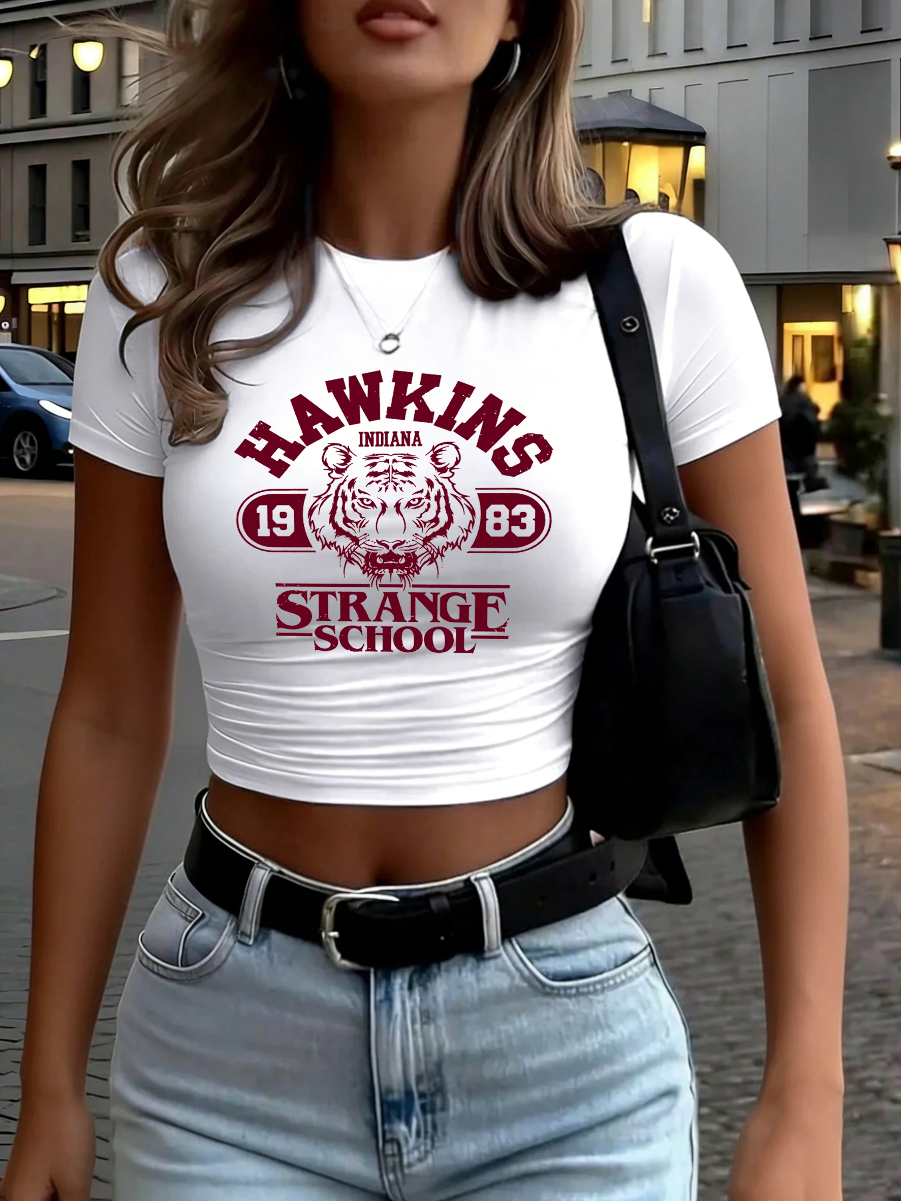 Hawkins 1983 Tiger School Bedruckte Damen-T-Shirts, Sommer, bequem, schlank, bauchfrei, lässig, O-Ausschnitt, kurzärmelig, Hip-Hop-Top Image