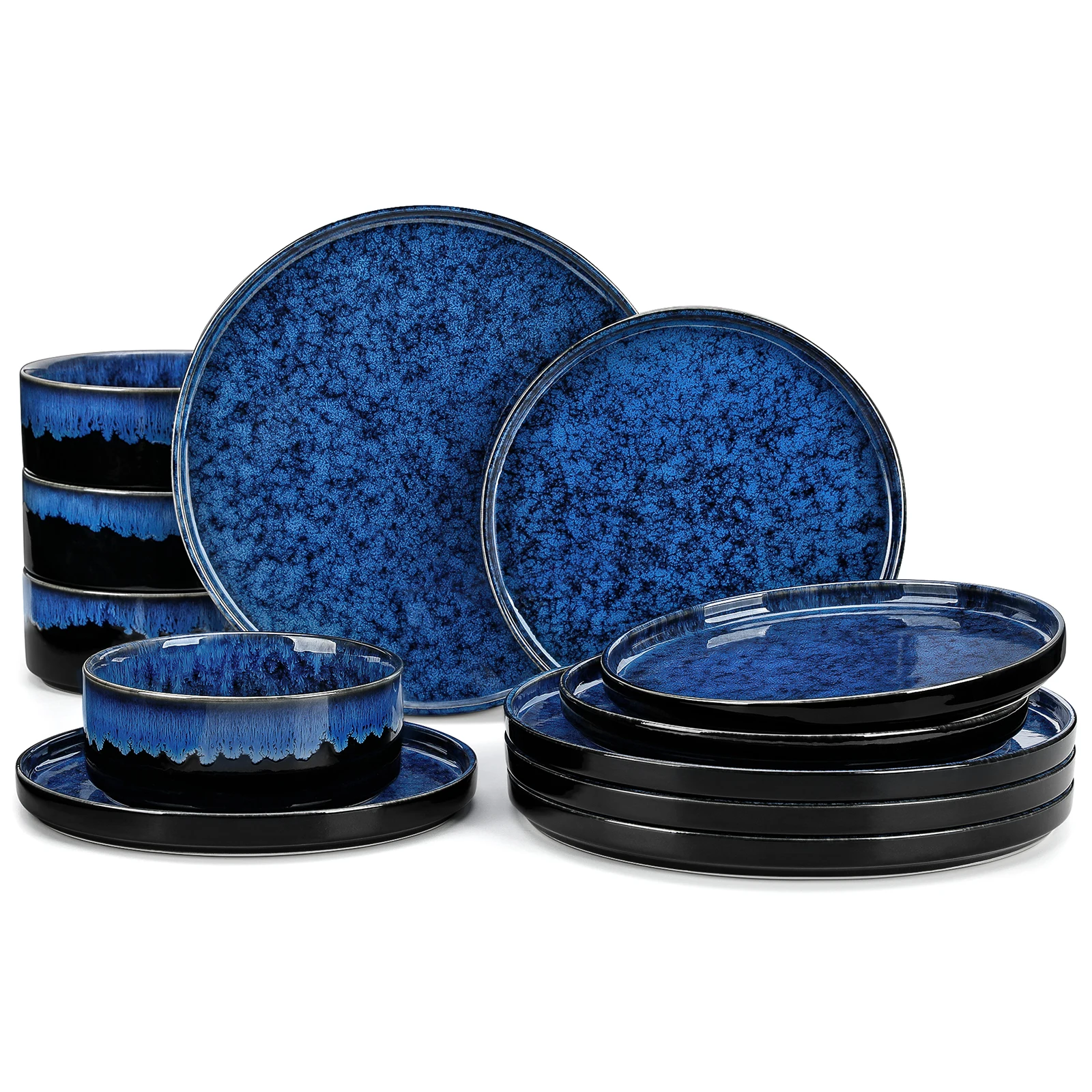 vancasso 12/24-teiliges Tafelservice, schwarz, blau, reaktive Glasur, vertikale Kante, Geschirrset mit 4-teiligem Speiseteller/Dessert/Schüssel Image