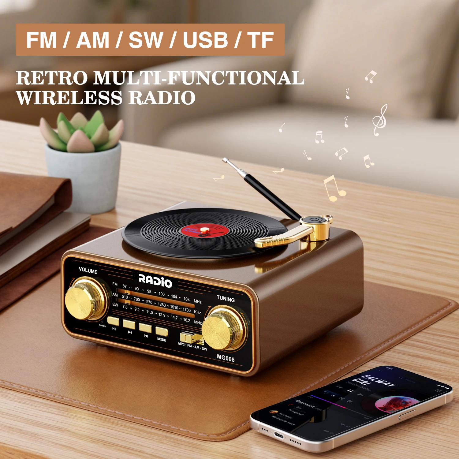Retro-Vinyl-Player-Radio, tragbares FM/AM/SW und kabelloses Streaming, einzigartige Vintage-Dekoration für Zuhause und Geschenkidee Image