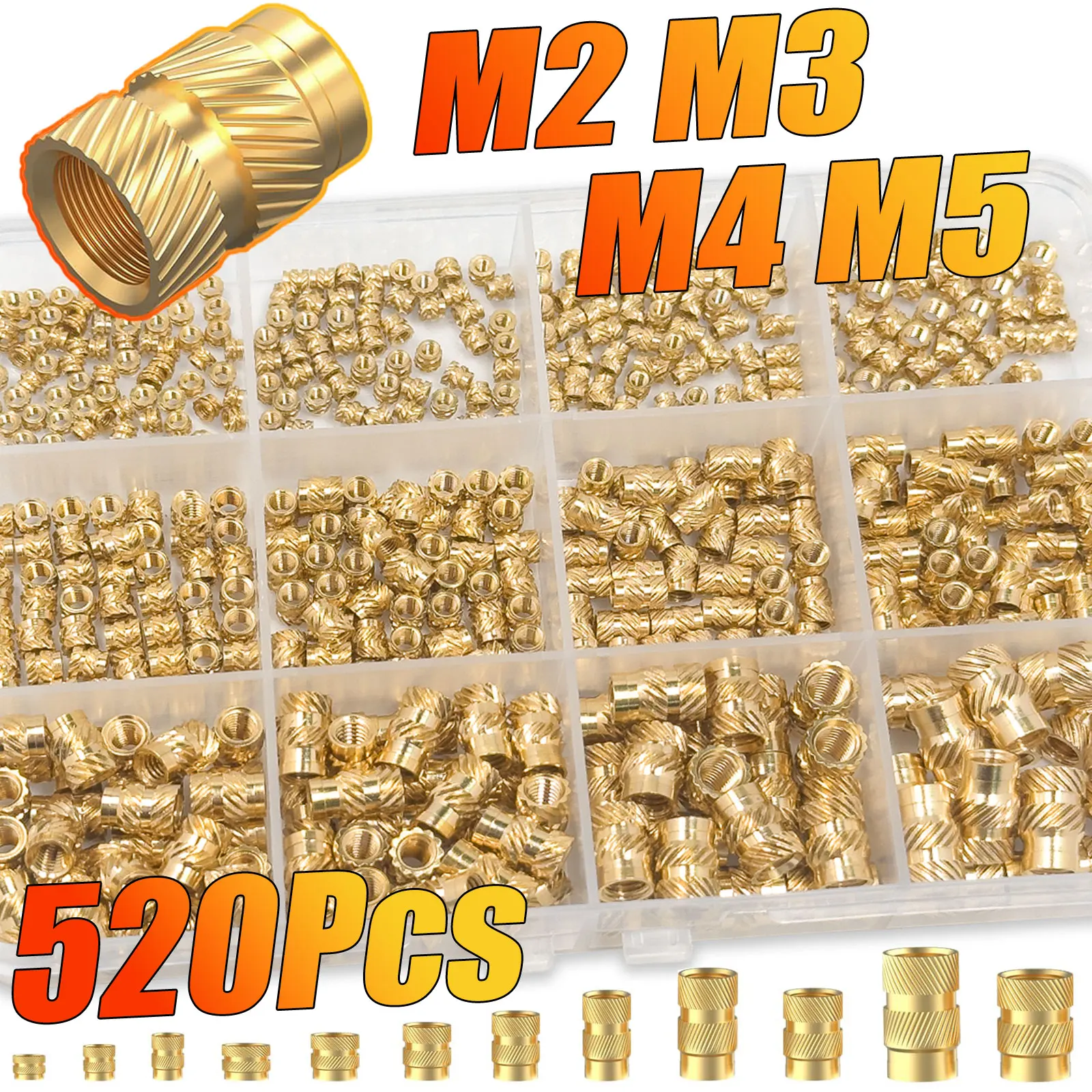 520-teiliges M2 M3 M4 M5 Messing-Gewindeeinsätze-Set für den 3D-Druck, wärmesetzte Rändelmuttern für Kunststoffteile, metrische Befestigungselemente Image