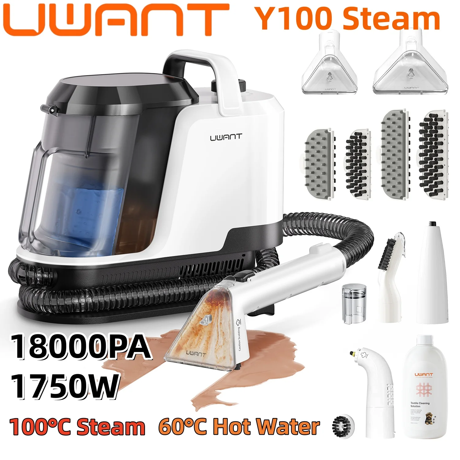 Uwant Y100 Dampfreiniger 18000Pa Teppichreiniger 1750W 100 ° C Steam 60 ° C Heißwasser-Selbstreinigungsgerät für Sofa, Auto, Schuhe und Tierhaare