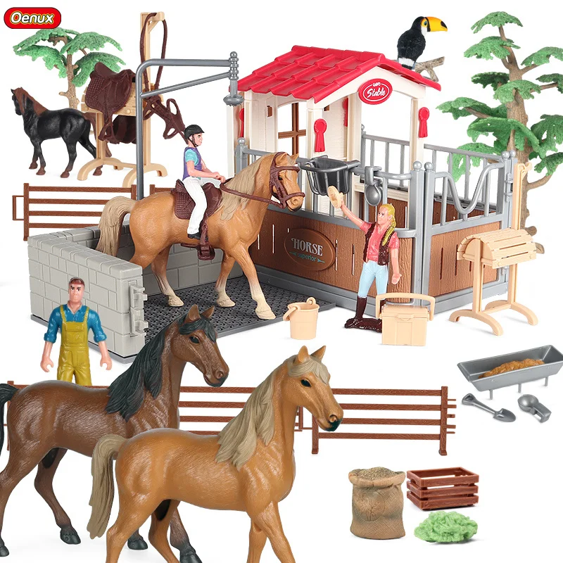 Oenux Farm Stable House Modell Actionfiguren Emulational Horseman Horse Animals Spielset Figur Niedliches pädagogisches Kinderspielzeug Geschenk Image