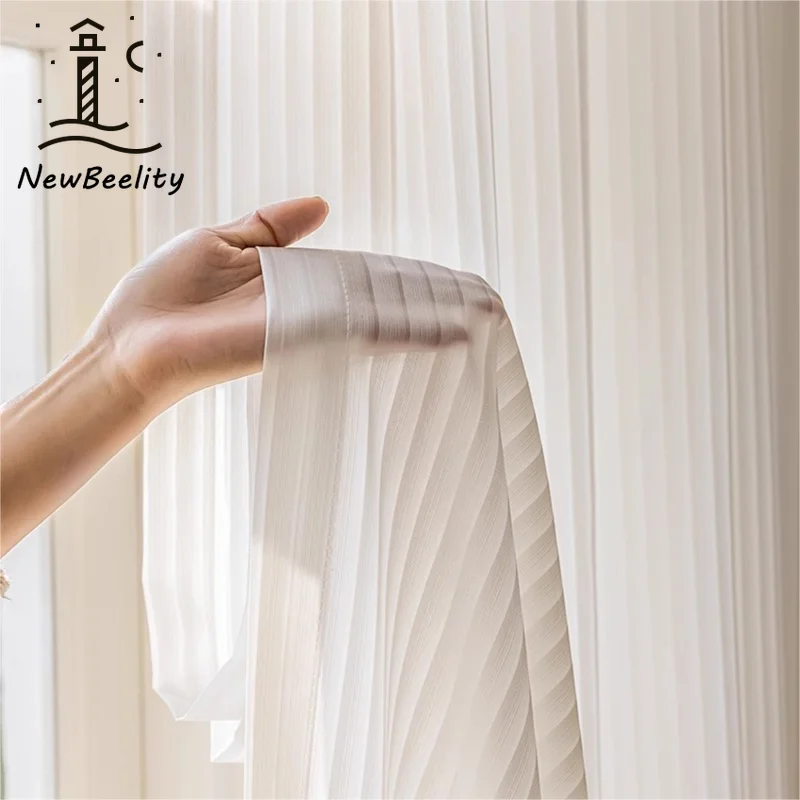 1 STÜCK Japanische einfache weiße gestreifte Tüll-Fenster-Chiffon-Vorhänge für Wohnzimmer, Schlafzimmer, Esszimmer, Luxus-Dekor-Vorhänge, Nanavtoria Image