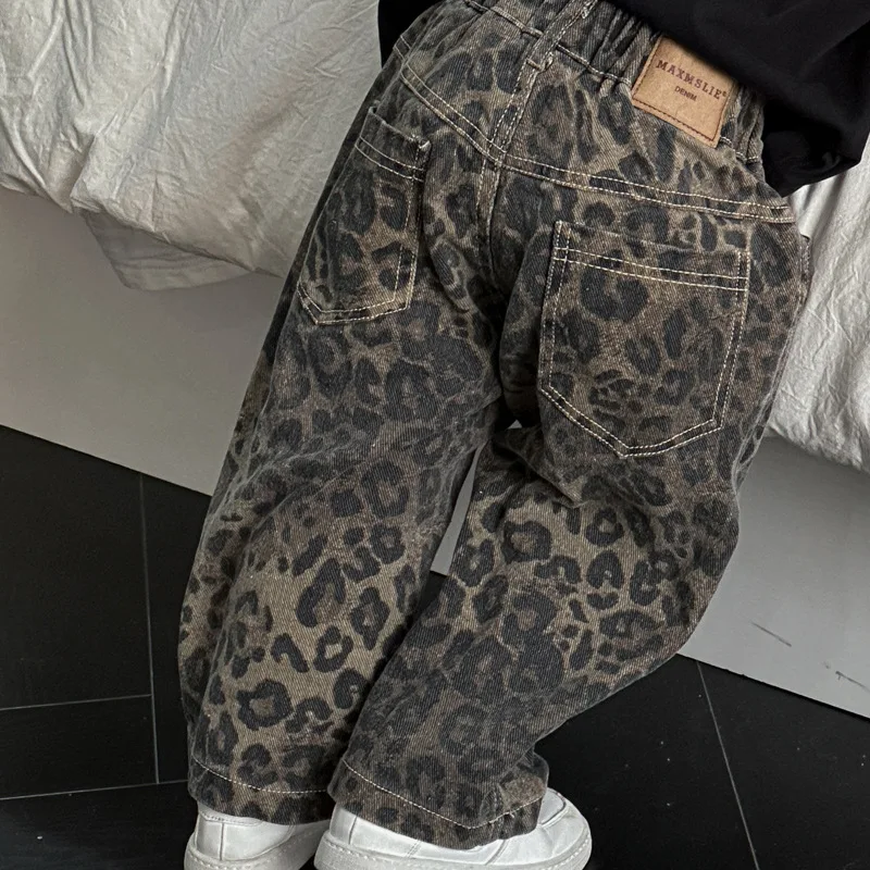 Hip Hop Casual Lose Kinder Hosen Kinder Vier Jahreszeiten Reine Baumwolle Leopard Muster Jeans Trendy Casual Hosen Image