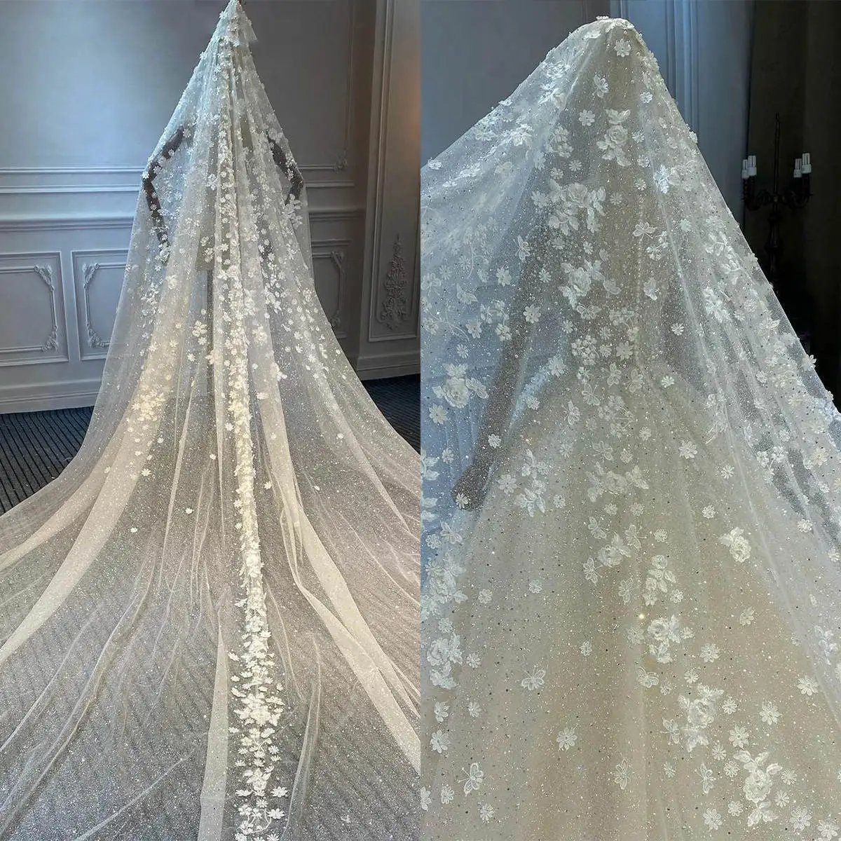 Kleine elegante Hochzeitsschleier, einlagige Tüll-Applikationen, Spitze, Tüll, weiß, elfenbeinfarben, Brautschleier, maßgeschneiderte Schleier V2418 Image