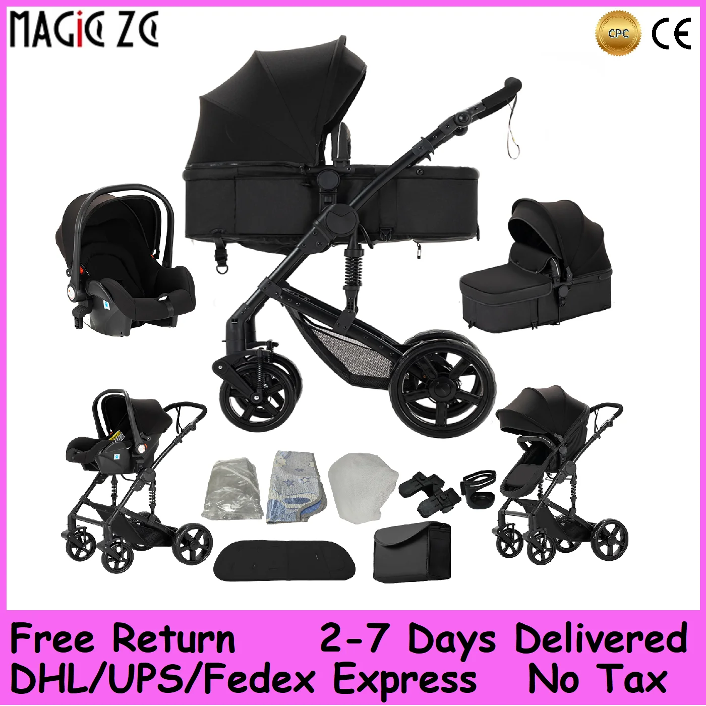 Professioneller Kinderwagen - SUV-Stoßdämpfung, 27cm Große Räder, 5-Punkt-Gurt, Verstellbarer Lenker, Leichter Rahmen