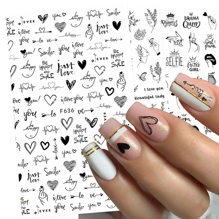 1PCS Schwarz und Weiß Liebe Abstrakte Blume Nail art Dekoration Nagel Slider Sexy Frau Nail art Aufkleber DIY Nail art Ornament Image