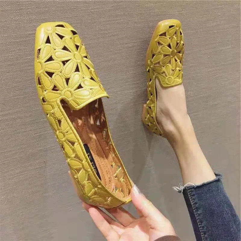 Größe 35–42, quadratische Zehen-Sommerschuhe für Damen, Stickerei-Designer-Schuhe, weiche Slip-on-Loafer, Mokassin, Freizeit, Damen-Ballerinas