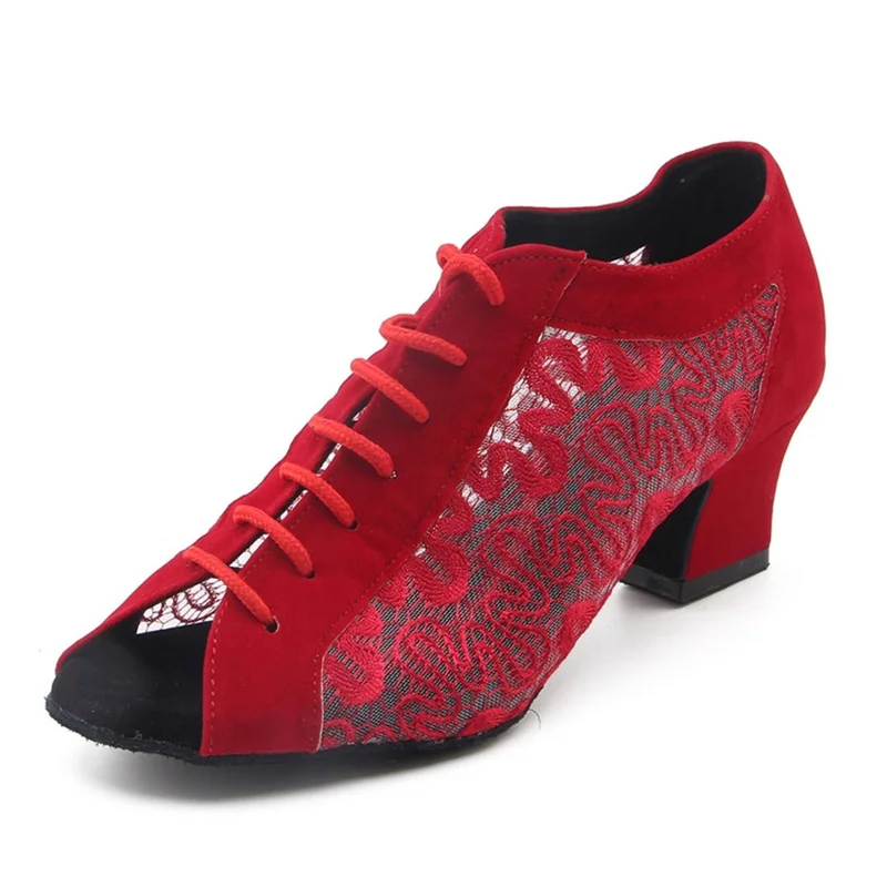 Praxis Frauen Tanz Schuhe Rot Nubuk Und Muster Mesh DIY Frau Ballsaal Schuhe Standard Latin Salsa Ballsaal Party Tanz Schuhe