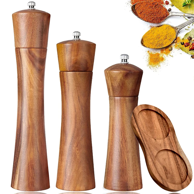 FLYMUYU Salz- und Pfeffermühle, Akazienholz, Gewürz- und Pfeffermühle mit stark verstellbarer Keramikmühle, Küchen- und Kochutensilien