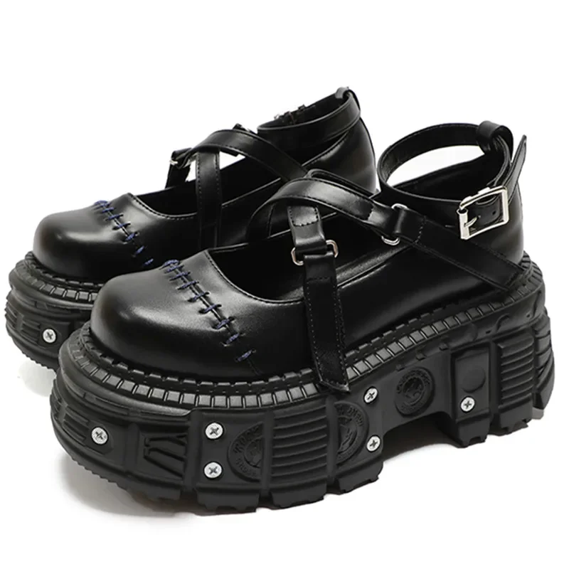 Gothic Mary Janes Für Frauen Gekreuzte-gebunden Ankle Strap Plattform Schuhe Runde Kappe Dicken Boden Weibliche Schuhe Punk frauen schuhe 2025