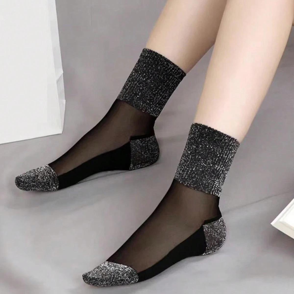 3 Paar Sommermode Damen Ultradünne transparente Socken Glitzer Kristallglas Seidensocken Schöne glänzende Spitzensocken Image