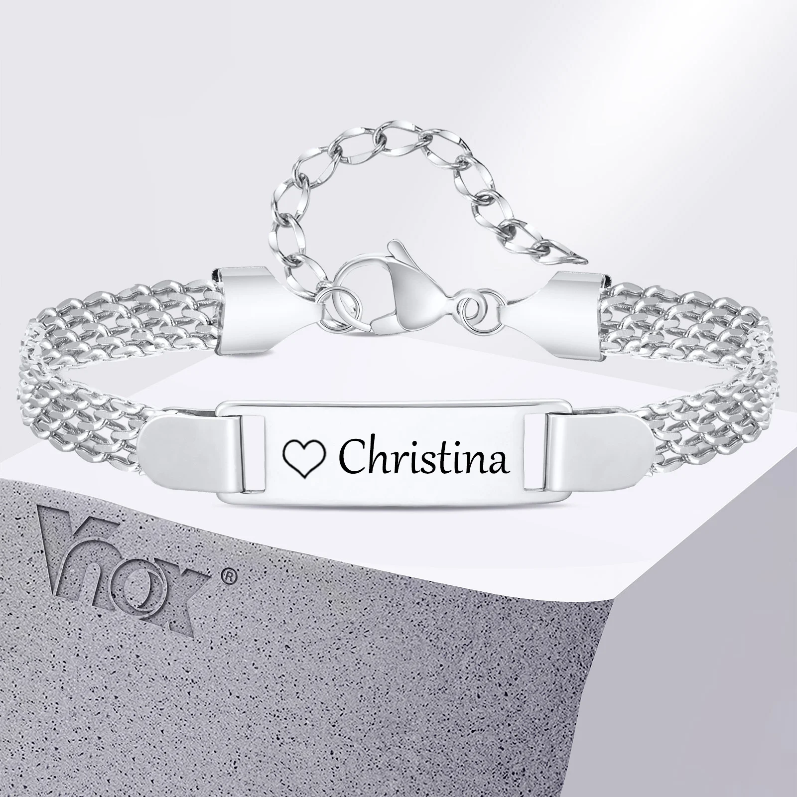 Vnox Armbänder mit individuellem Namen und Datum für Neugeborene, verstellbares Armband mit Edelstahl-Mesh-Kette, personalisiertes Baby-Tauf-Geschenk Image