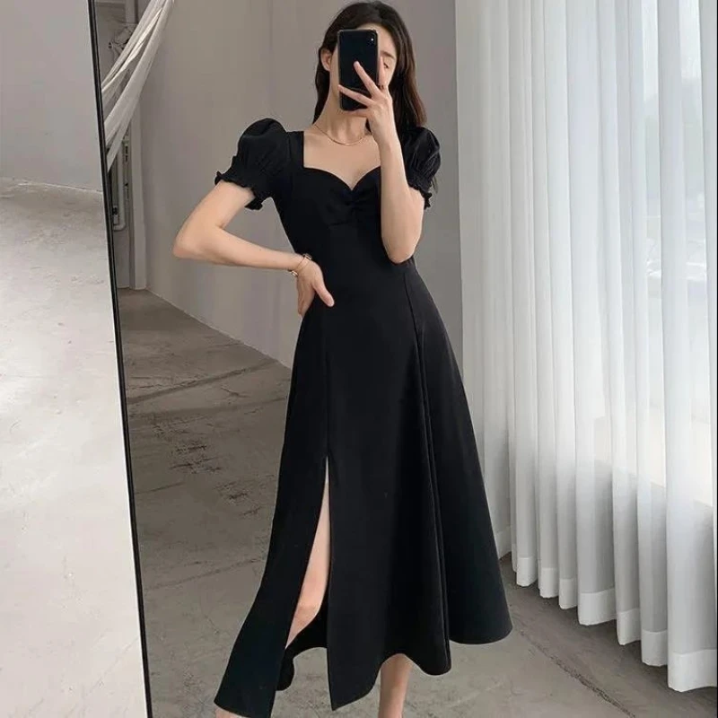 Solide Puff Kurzarm Elegante Schlitz Kleid Neue Mode Frauen V-ausschnitt Volle Kleider Damen Hohe Taille Schlank Abend Party Vestidos Image