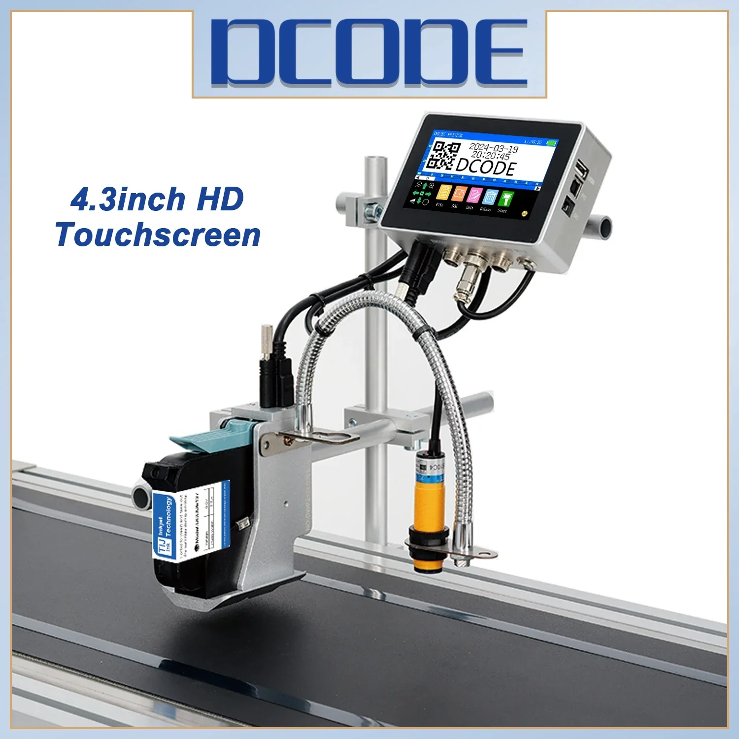 DCODE 130PLUS Industrieller Online-Tintenstrahldrucker 12,7/25,4 mm Düse mit 4,3-Zoll-Bildschirm QR-Barcode Batchnummer Logo Datumsdrucker Image
