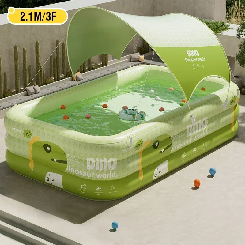 1,8/2,1/2,6 m großer aufblasbarer Dinosaurier-Swimmingpool, verdickt, mit Sonnenschutz, Kinderspielzeug, für Haushalt, Outdoor, Familie, Wassergarten, Spiel Image