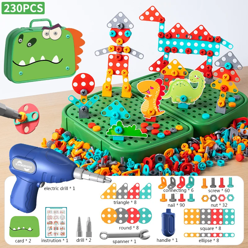 230 stücke/228 stücke Kinder DIY Werkzeug Spielzeug Set Bohrmaschine Schraube Muttern 3D Puzzle Spielzeug Pretend Play Tool Kits 2D/3D Pädagogisches Spielzeug Image