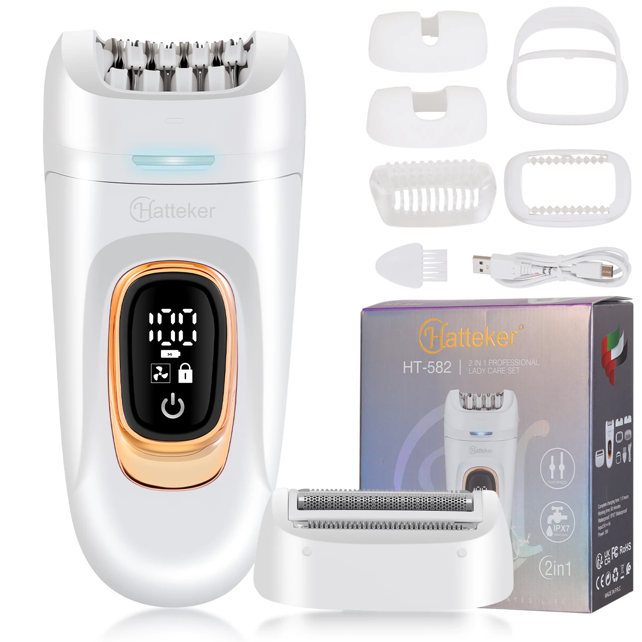 Hatteker 2-in-1-Epilierer, Haarentferner, Beinkörper, tragbarer Damenrasierer, Haarentfernungswerkzeug, Achselhöhlen-Gesichtsschneider für Frauen, IPX7 Image