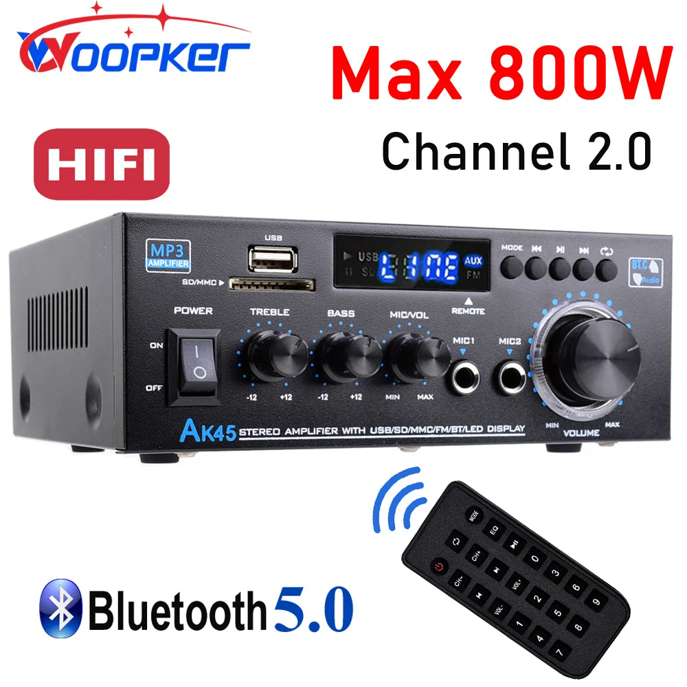 Woopker AK45 HiFi-Digitalverstärker, maximale Leistung 90 W x 2 Kanal 2.0 Bluetooth-Surround-Sound-AMP-Lautsprecher für Zuhause, Auto Image