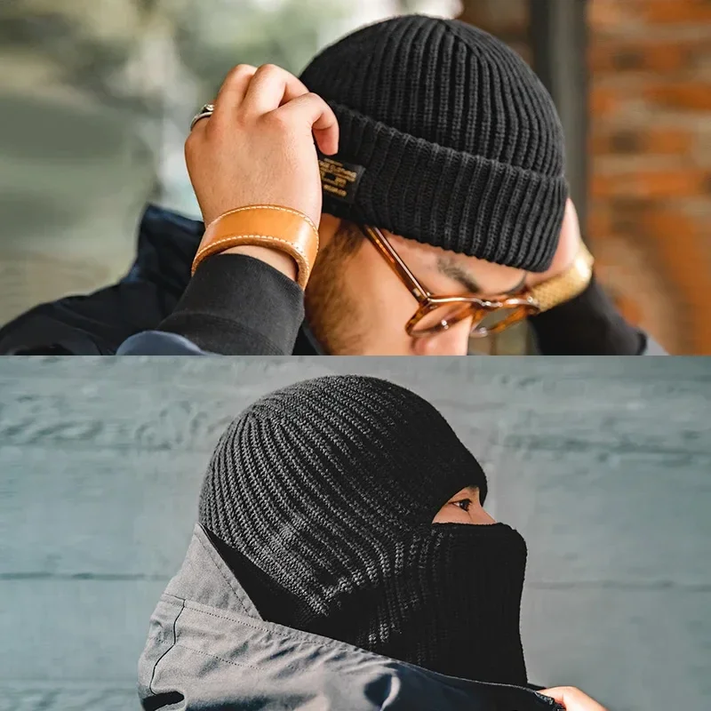 Maden Herbst-Winter-Strickmütze für Damen und Herren, schwarz, warm, winddicht, Maske, lässig, Beanie, Outdoor, Radfahren, Kopfbedeckung, Maske, Skullies Image