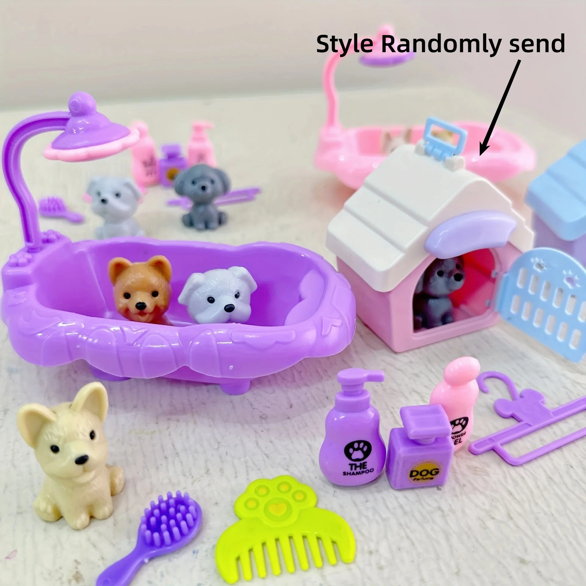 Nette Hund Haustier Korb Familie Spielzeug Hund Puppe Set Käfig Spielzeug Szene Spielen Spielzeug Weihnachten Dekoration Thanksgiving Geschenke farbe zufällig Image