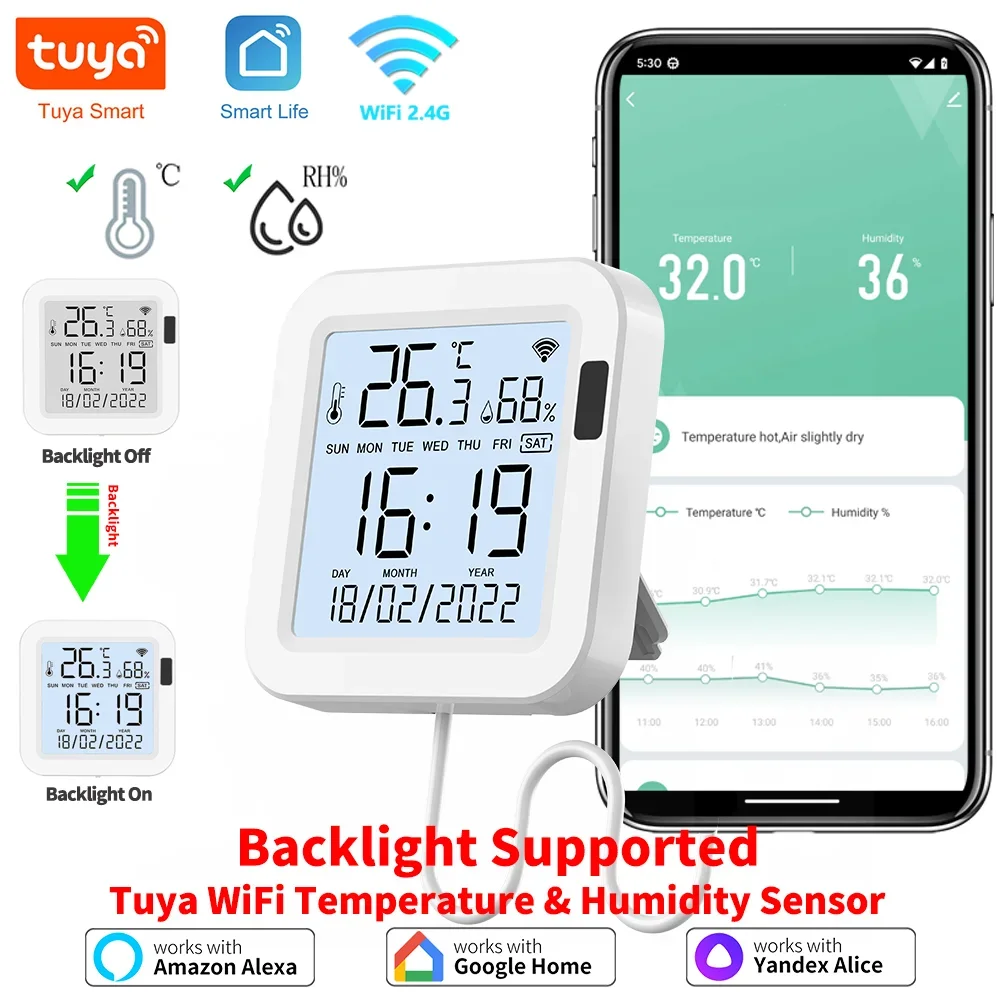 Tuya Wifi Temperatur Luft feuchtigkeit Smart Sensor mit Hintergrund beleuchtung für Smart Home Var Smart life Arbeit mit Alexa Google Assistant Image
