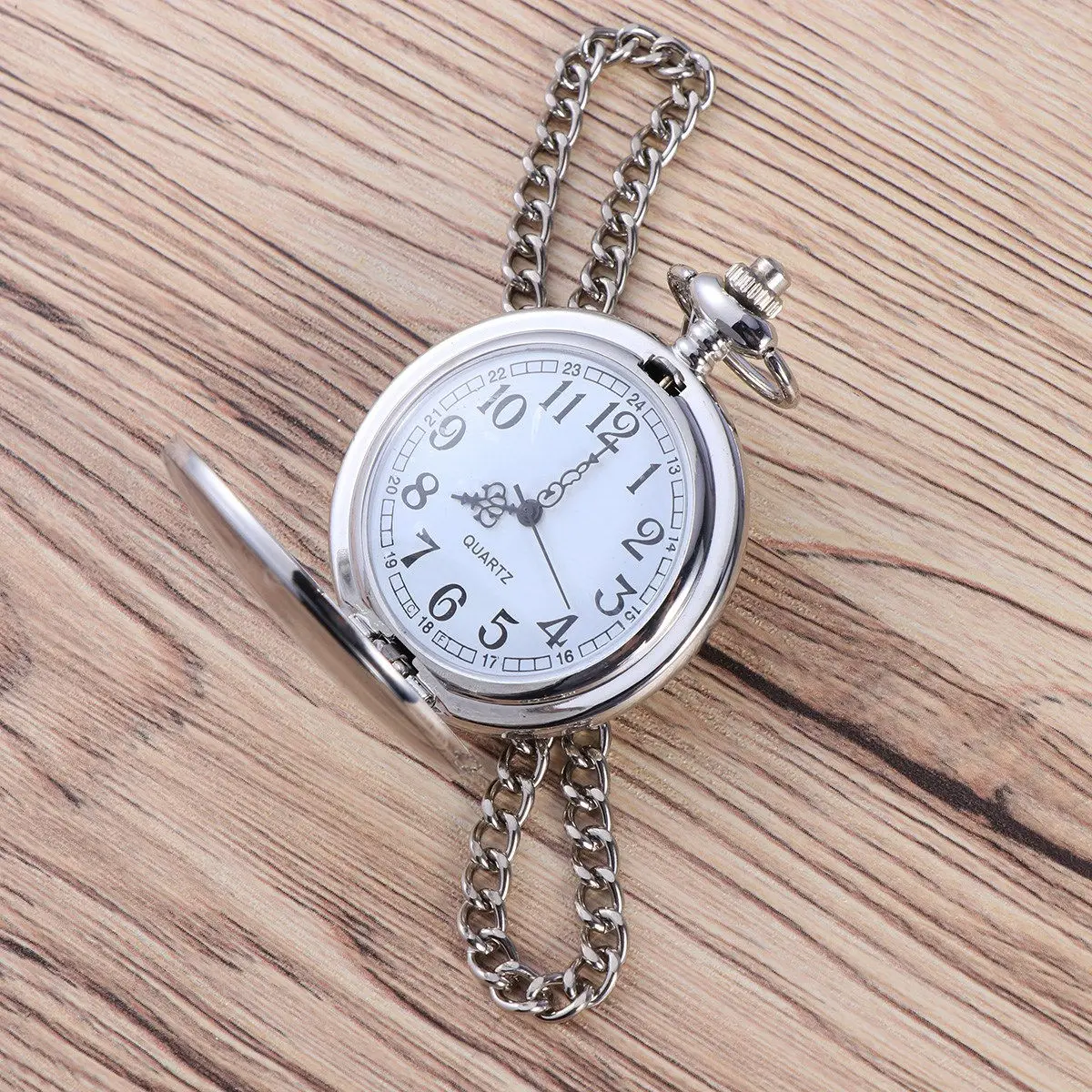 Vintage Herren-Taschenuhr, mechanisch, silberfarben, Edelstahl, weißes Zifferblatt, arabische Ziffern, 12/24-Stunden-Anzeige, abnehmbare Kette