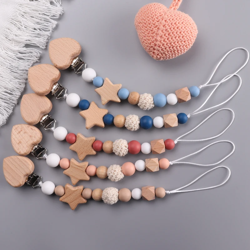 Baby Holz Häkeln Runde Perle Schnuller Kette Holz Herz Dummy Halter Clip Für Baby Beißring Zahnen Kette Pflege Kauen Spielzeug Geschenk Image