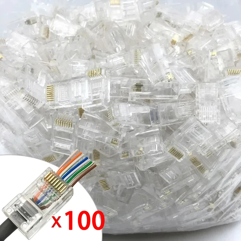 100 teile/los RJ45 CAT6 CAT5e Pass Through Steckverbinder Kristall Ende Vergoldet 8P8C Crimp UTP Standard Ethernet Netzwerk Modular stecker Image