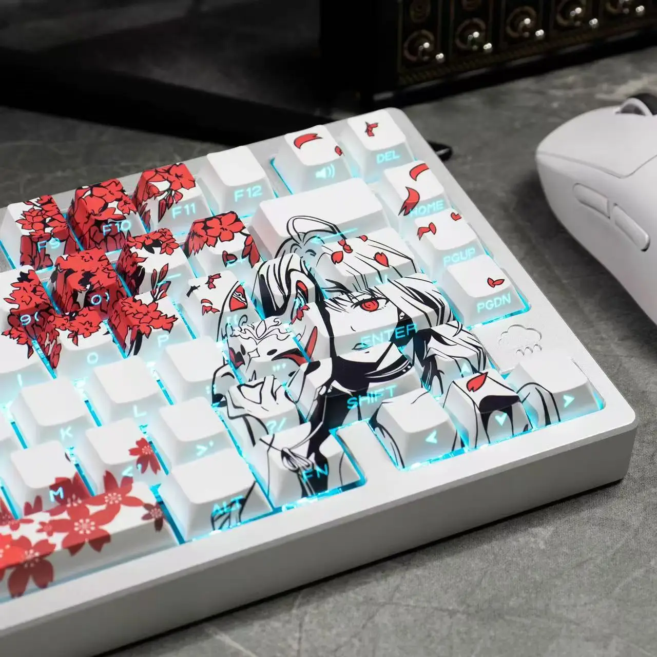 129 Raven Sakura Tastenkappe Kirschprofil Niedliche Anime-Tastenkappe Double Shot Sidelit Shine Through PBT Tastenkappe für mechanische MX-Tastatur Image