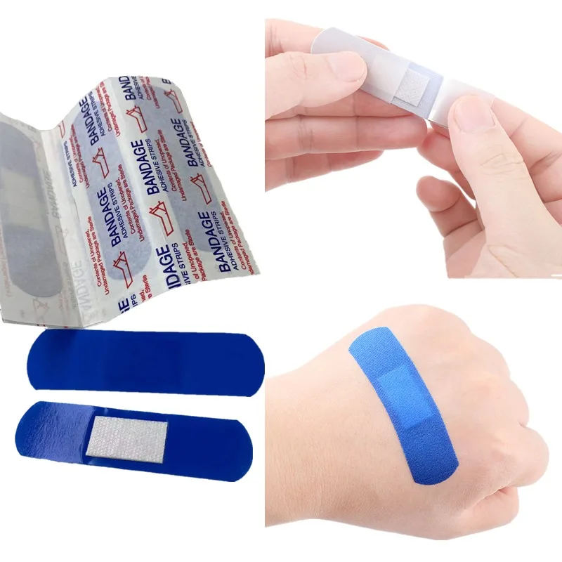 100 stücke Blau Metall Detectable Pflaster Wasserdichte Lebensmittel Service Klebe Bandagen Erste Hilfe Heften Gips Wunde Dressing Patch Image