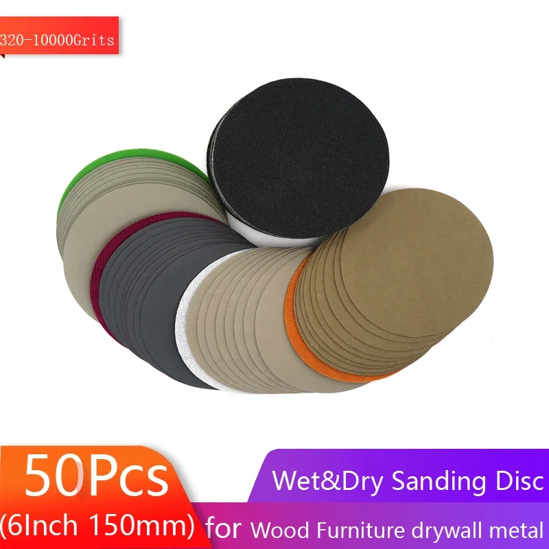 6-Zoll-Schleifscheiben, 150 mm, wasserfestes Schleifpapier, Klett-Schleifpapier, Körnung 320–10.000, sortiert zum Nass-/Trockenpolieren, 50 Stück Image