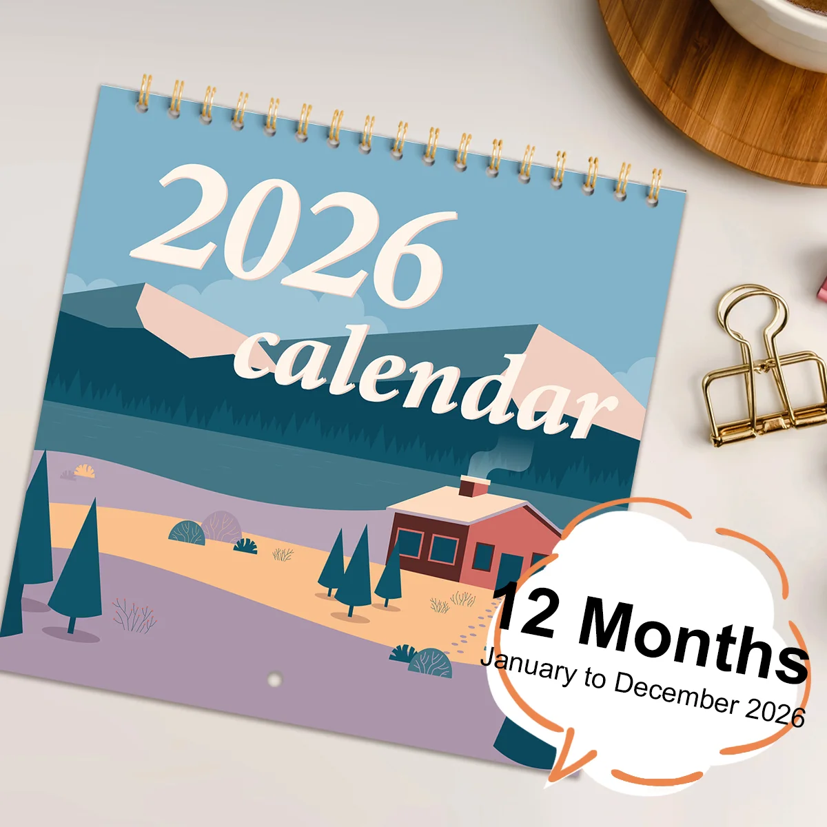 Perlglanzpapier 2026 Flacher Vier-Jahreszeiten-Landschaftsthema Goldener Eisenring-Hängekalender, einfacher schöner Kalender 20 * 20 cm Image