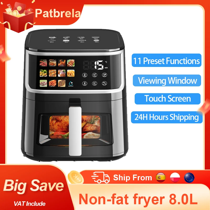 Patbrela Fettfreie Fritteuse 8L, große Heißluftfritteuse mit LED-Bildschirm, 11 voreingestellte Funktionen: Braten, Backen, Dörren, Aufwärmen, leise, antihaftbeschichtet Image