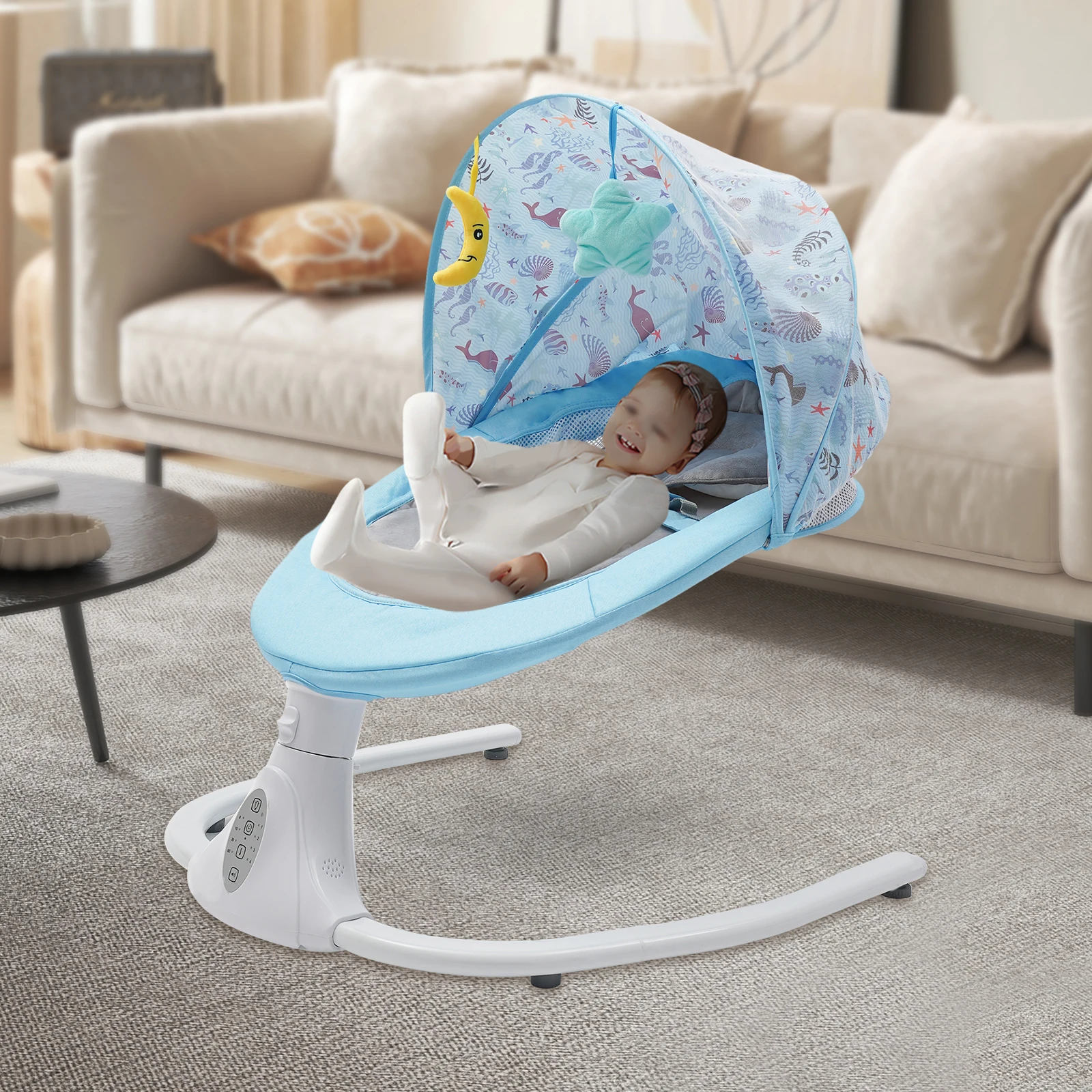 Elektrische Babyschaukel mit Fernbedienung, Babywippe mit Bluetooth-Musik, 4 Geschwindigkeiten einstellbar, maximale Tragfähigkeit 18 kg Image