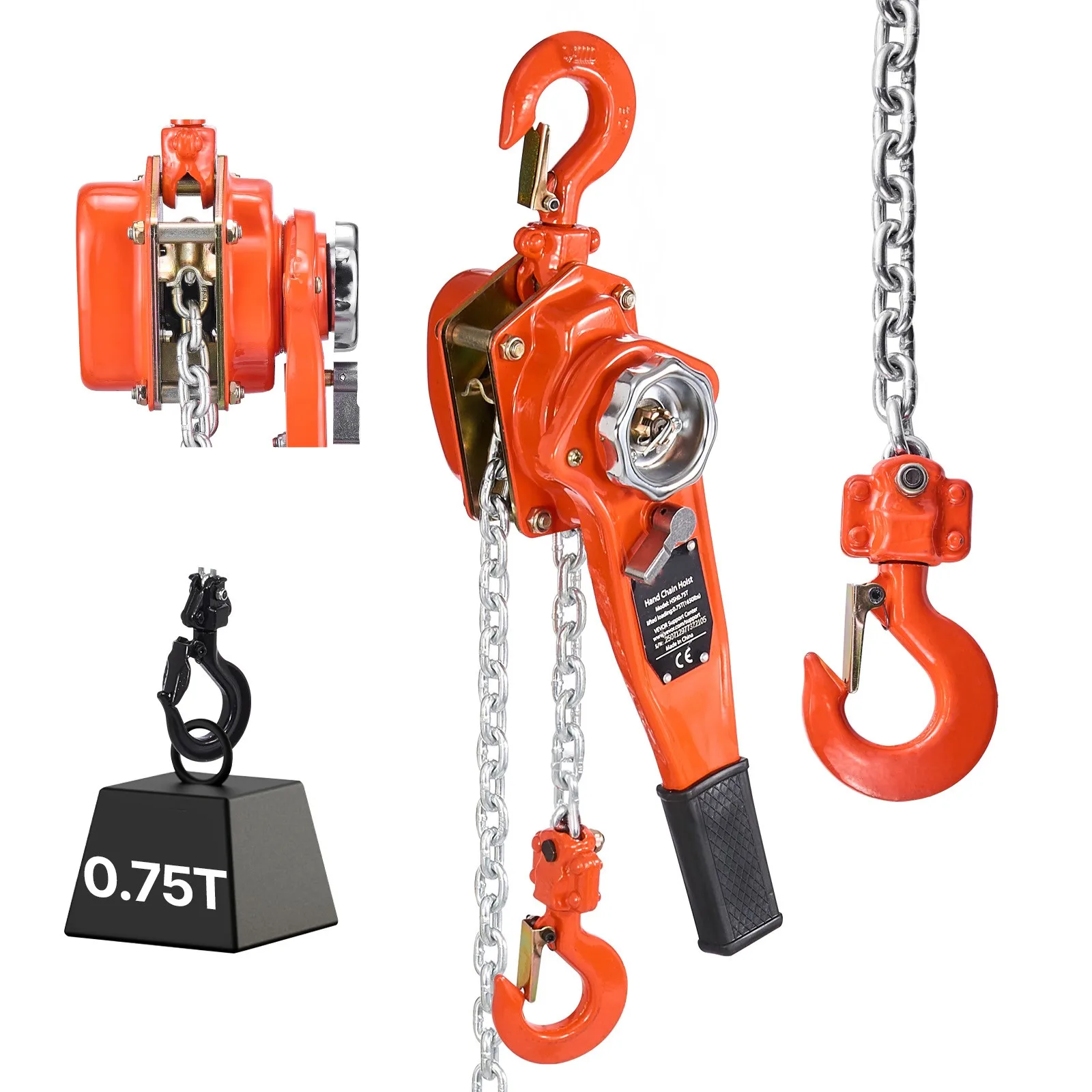 SucceBuy 0,75T Manueller Kettenzug mit Hebel, 5/10/20 Fuß Hubhöhe, Doppelklinken und 360°-Drehung ° Drehbare Haken für Lager und Garage Image
