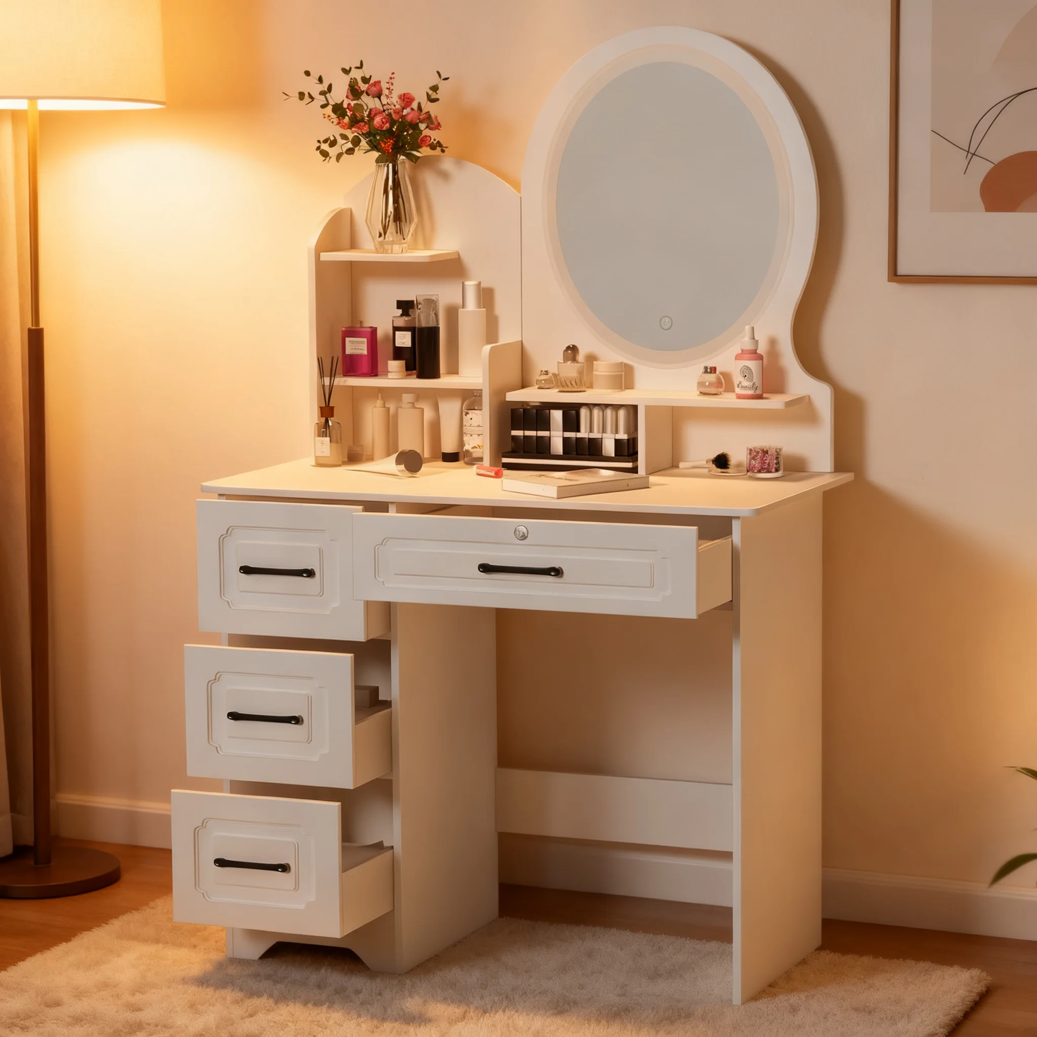Moderner Schminktisch mit Spiegel und Lichtern, zusätzlichen Ablageflächen, Schminktisch mit 4 Schubladen, Kosmetikschreibtisch mit Organizer Image