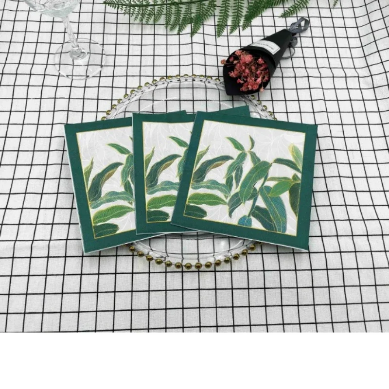 20 Stück 33 cm 2-lagige Servietten mit Palmenblatt- und Sonnenblumenmotiv, grün umrandet, Cocktail-Servietten, Festival-Party-Servietten, DIY-Dekupage-Papier Image