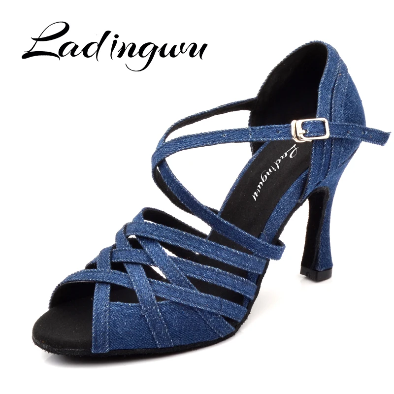 Ladingwu Frauen Tanz Schuhe Latin Salsa Tango Blau Denim Dance Schuhe frau Ballsaal Paty Beruf Dance Schuhe Cuban heel 9/10